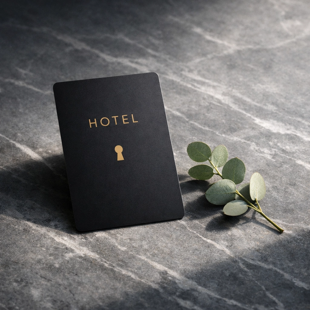 A minimalist hotel keycard on marble, symbolizing modern hospitality tech and digital transformation.