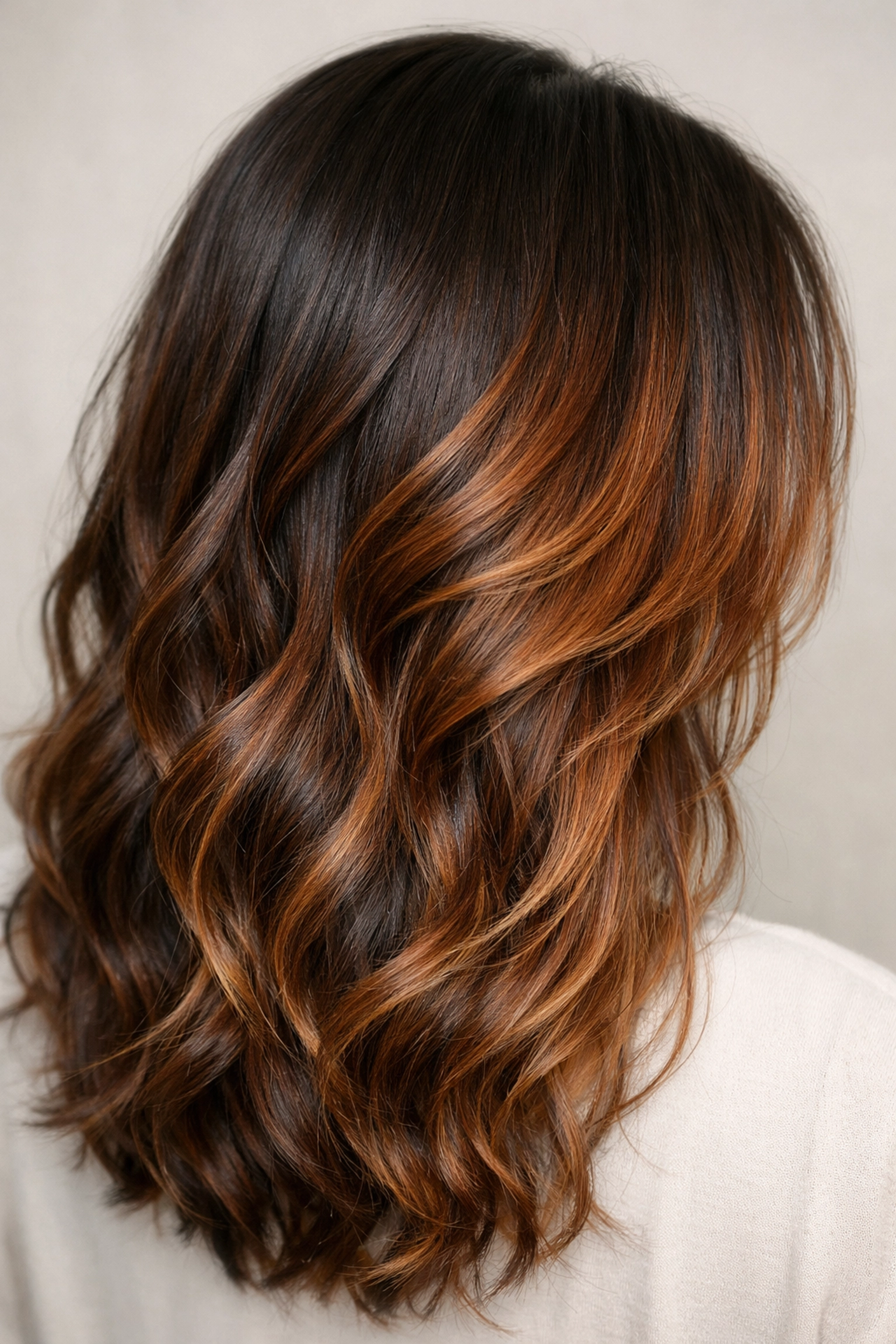 Dramatic espresso brunette color melt with warm honey highlights at a hair salon in Concord NH.