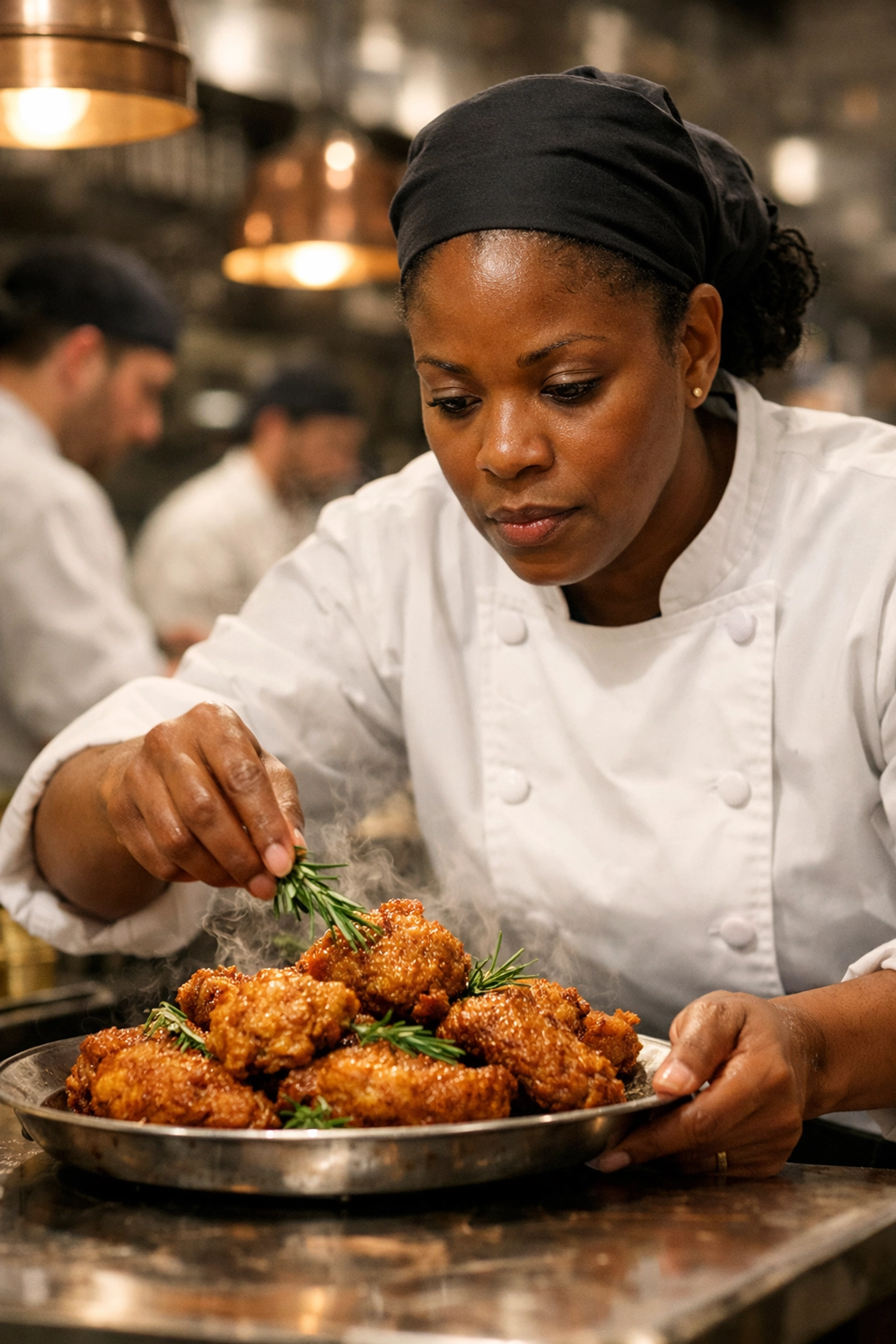 Professional chef plating fried chicken in a San Francisco restaurant turnaround strategy for Mondays.
