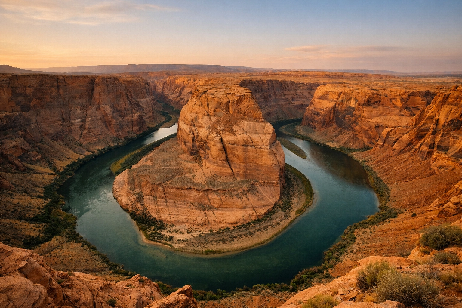 Canyon river at golden hour with natural colors to avoid landscape photography saturation errors.