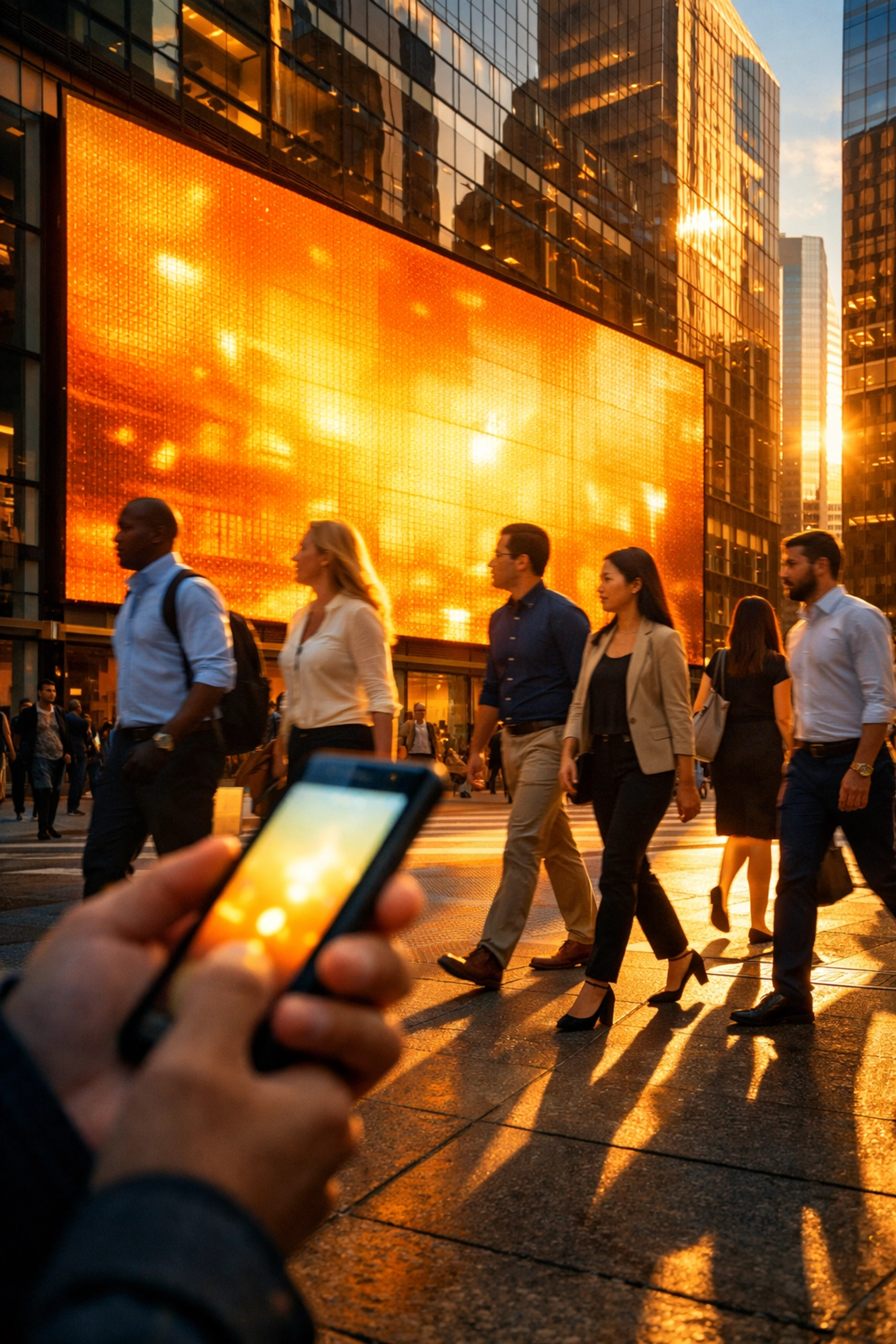 City pedestrians passing a digital billboard, representing modern out-of-home brand integration.