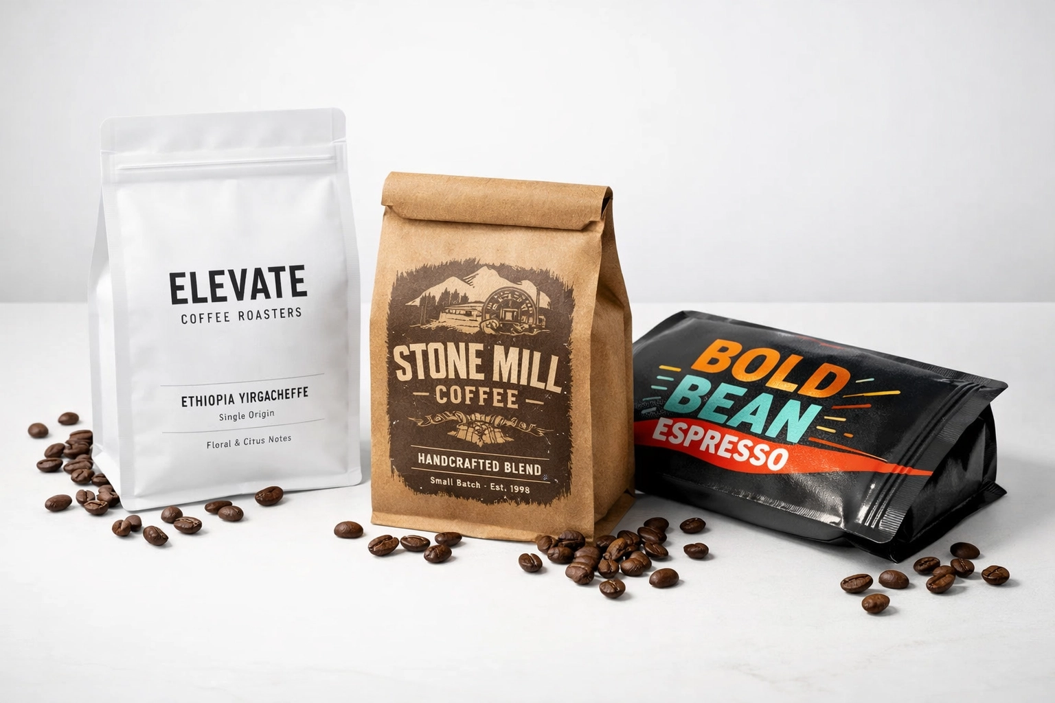 Specialty coffee bags featuring various custom label designs and branding styles