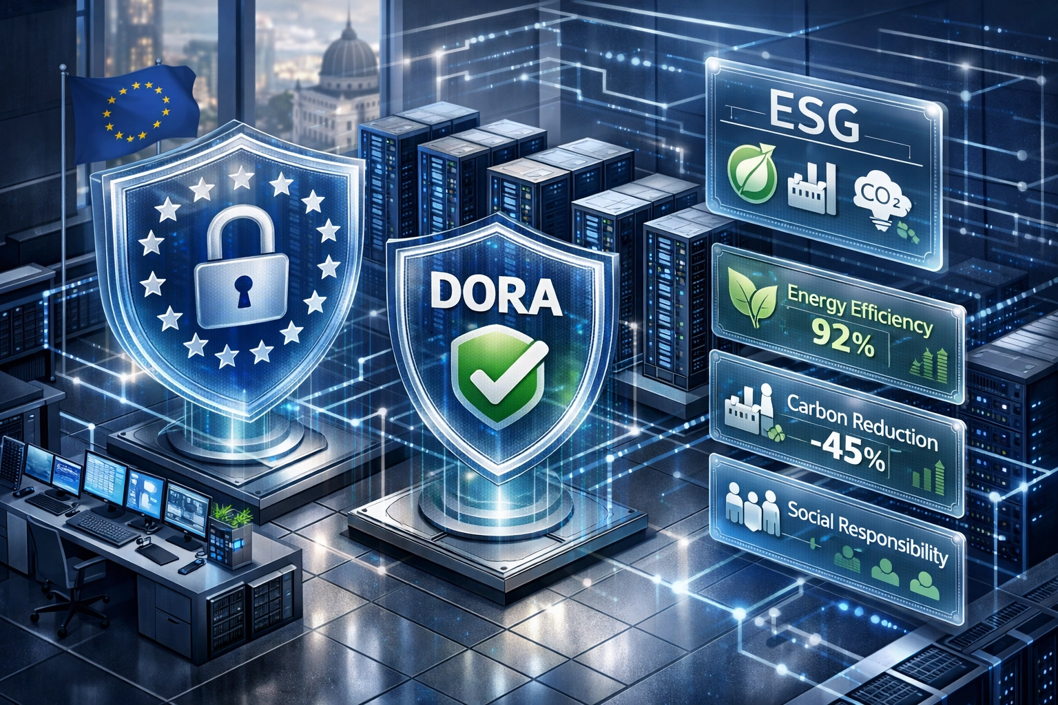 European data center with GDPR, DORA compliance and ESG governance framework overlay
