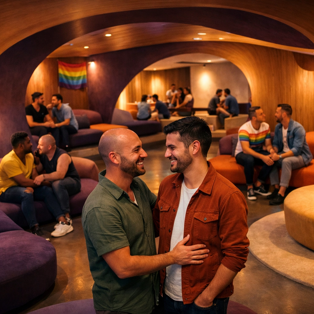 Gay men conversing in modern LGBTQ+ community space with flexible seating and warm lighting