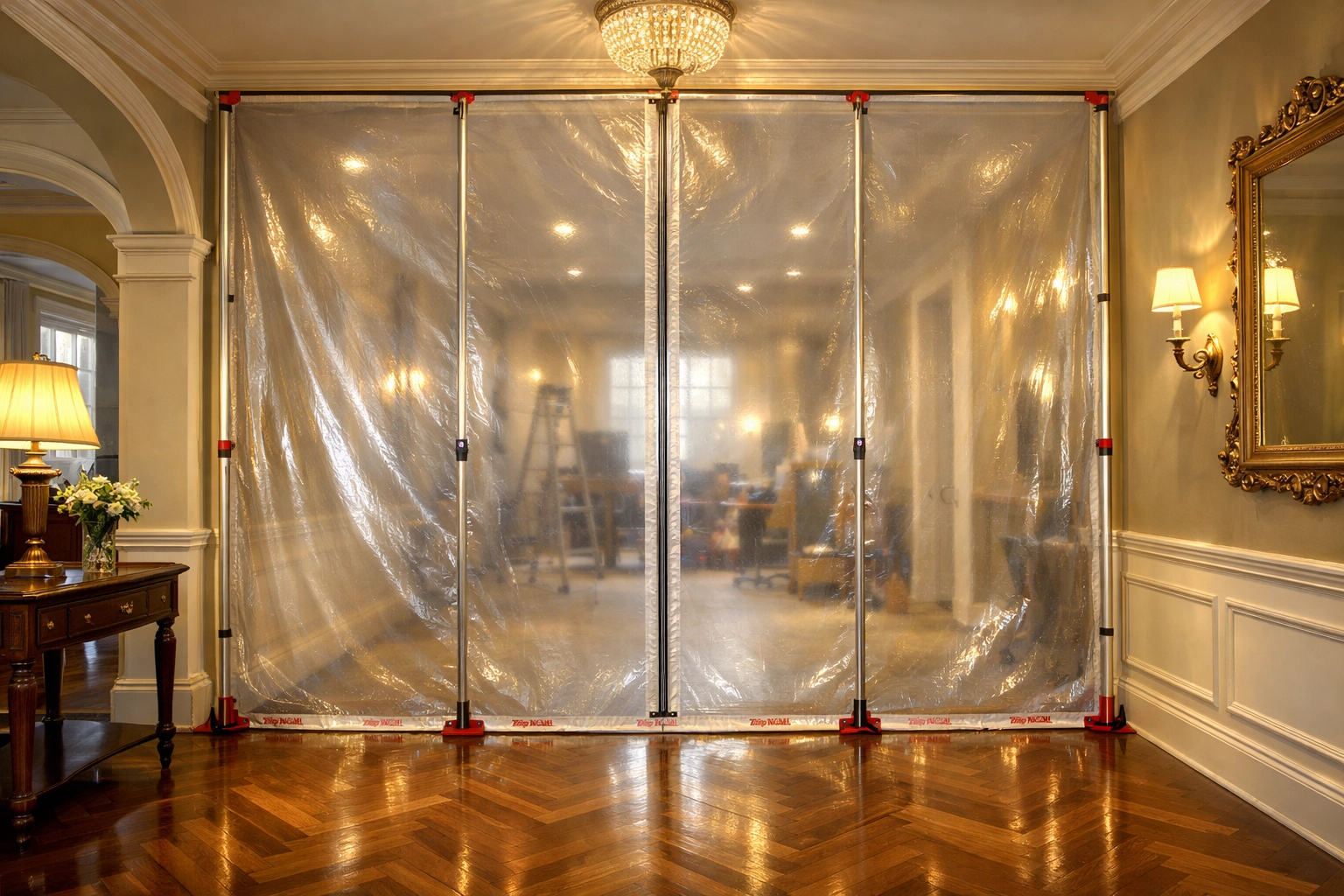 Professional dust containment screening protecting a luxury hallway during home renovation work.