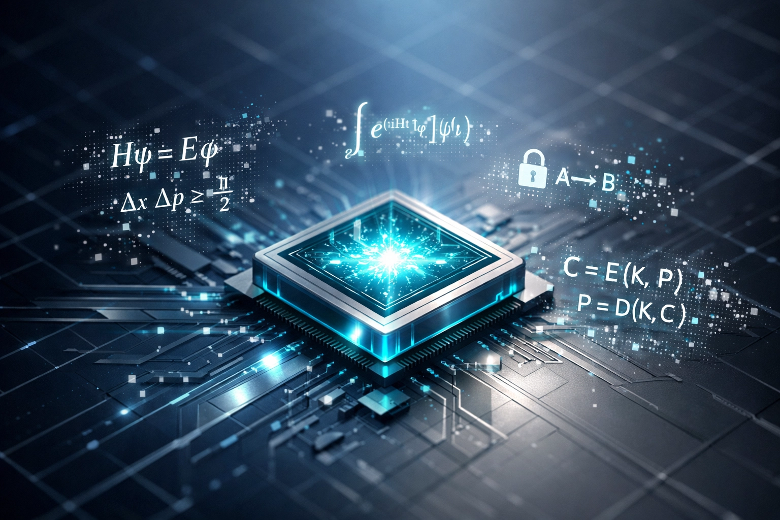 Quantum computer chip with encryption symbols representing post-quantum cryptography technology