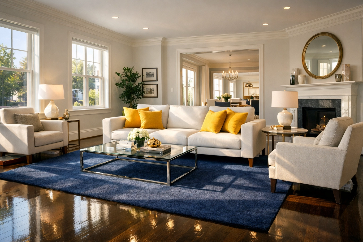 Pristine Worcester living room with polished floors showing the results of professional deep cleaning.