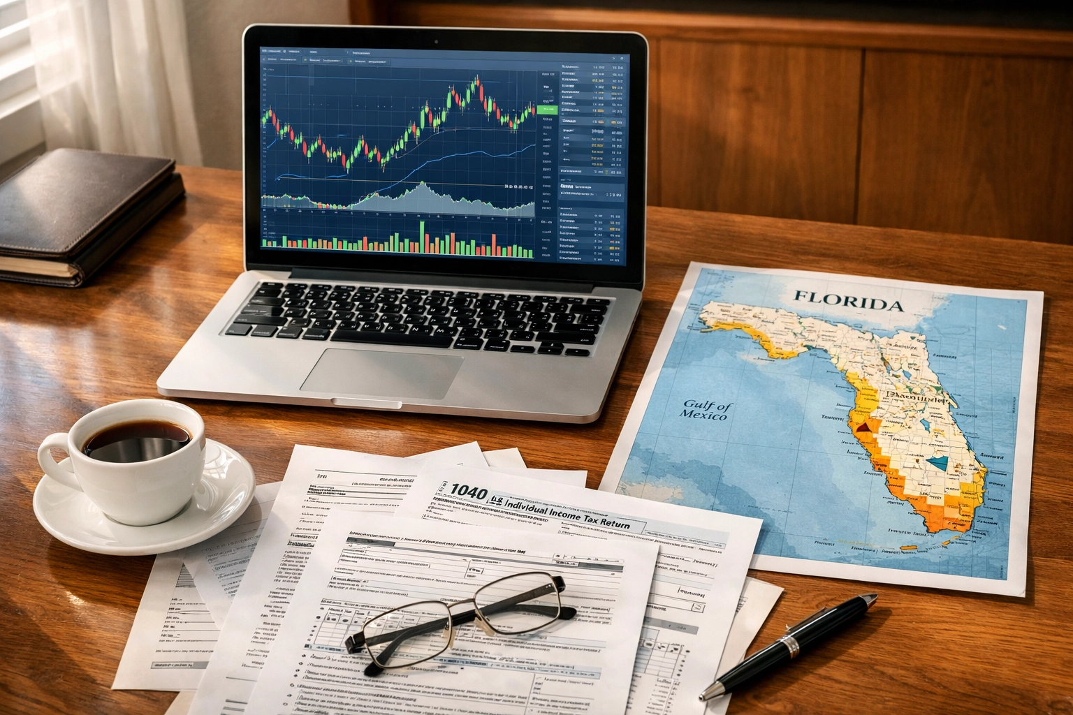 Florida executive desk with tax planning documents and financial charts