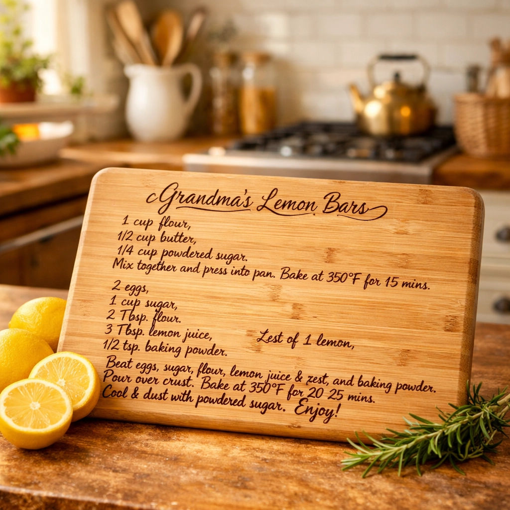 Personalized bamboo cutting board with an engraved handwritten recipe on a rustic kitchen counter.