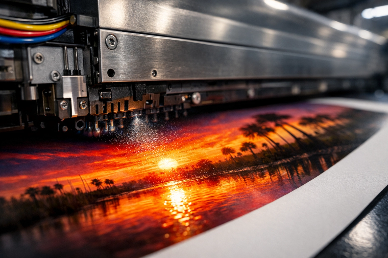 Giclée printer head applying pigment-based ink to archival paper for an Everglades fine art photography print in Miami.