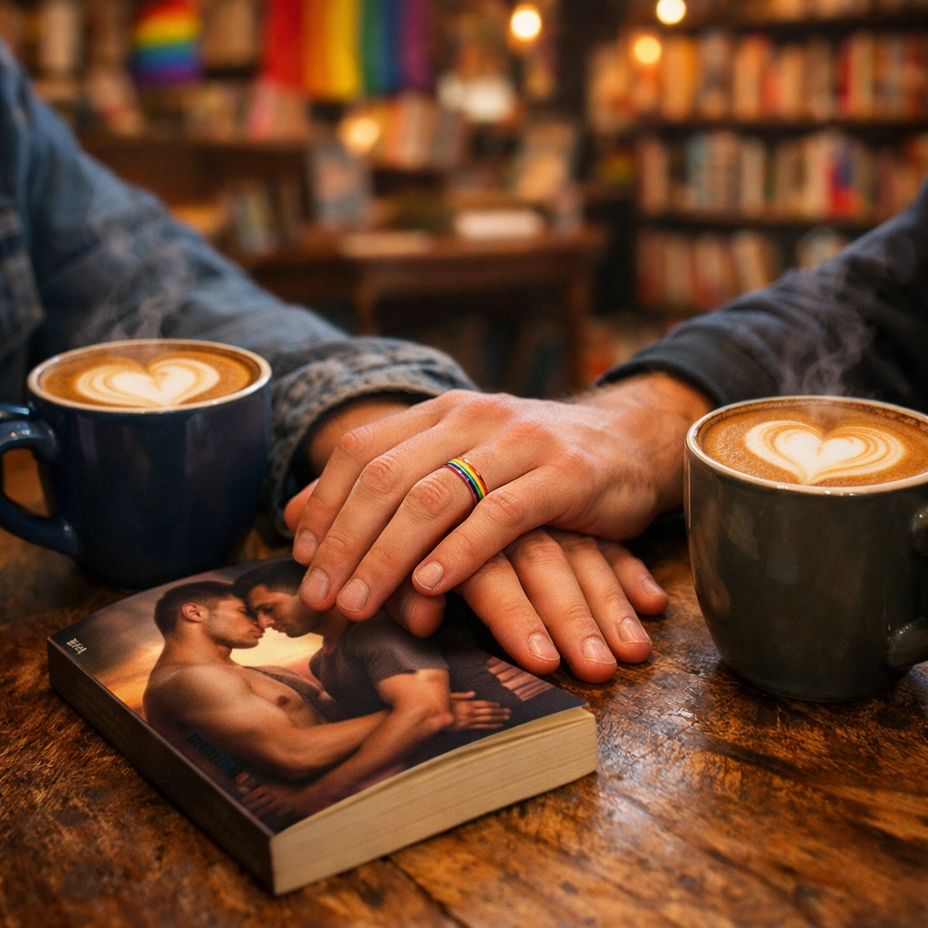 Two gay men connecting over coffee and MM romance books in a queer-friendly cafe, building community bonds.