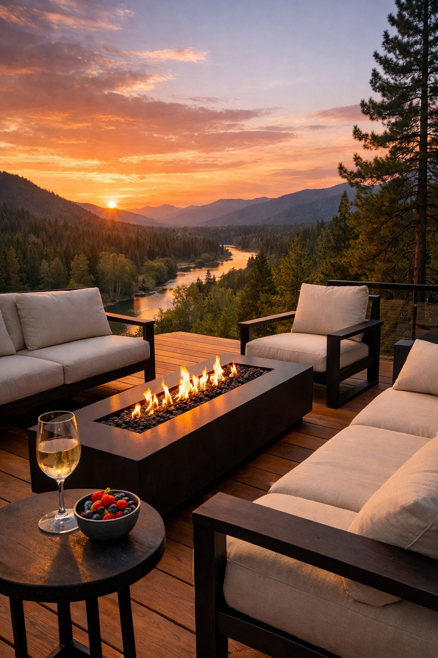 Modern cedar deck with a luxury fire pit overlooking a sunset in the Cle Elum River valley.