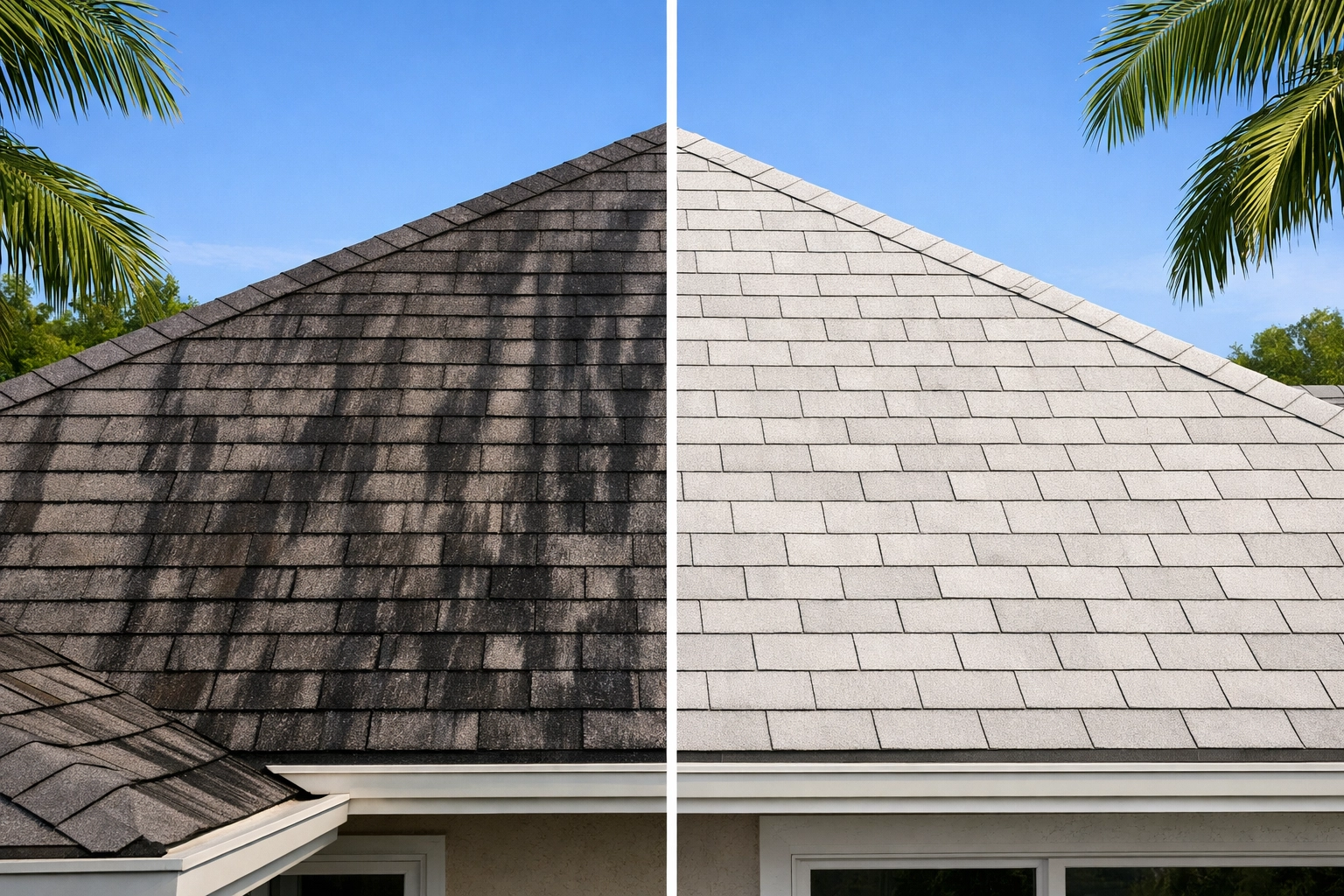 A striking split-screen, high-resolution photo of a Florida home's roof. The left half shows shingles covered in dark black algae streaks and visible discoloration; the right half displays the same roof afterwards, with clean, bright shingles and no marks. The image is taken from a slightly elevated angle, blue sky and palm tree edges in the background, natural lighting, vivid and realistic color. The dramatic before/after difference is immediately clear.