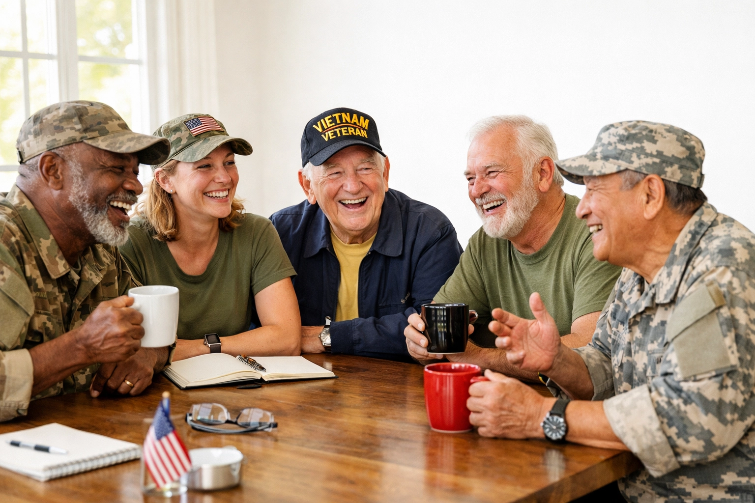 Veterans gathering around table with coffee at American Legion community meeting