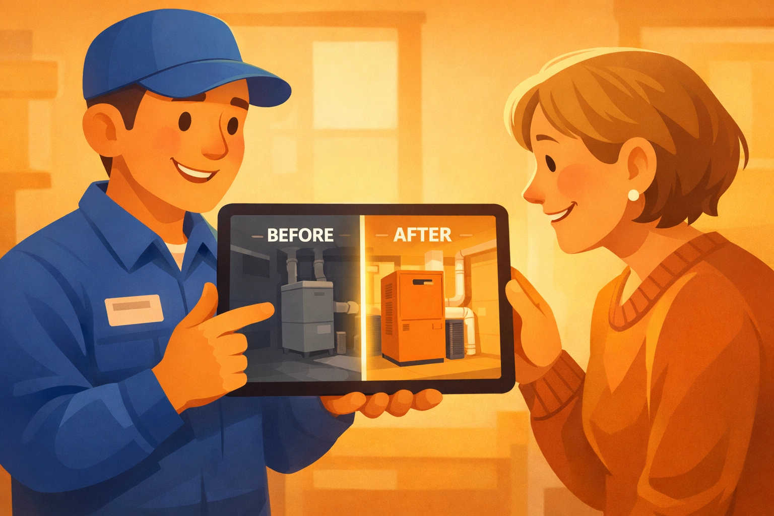 HVAC technician using a before and after photo app to show a homeowner professional results.