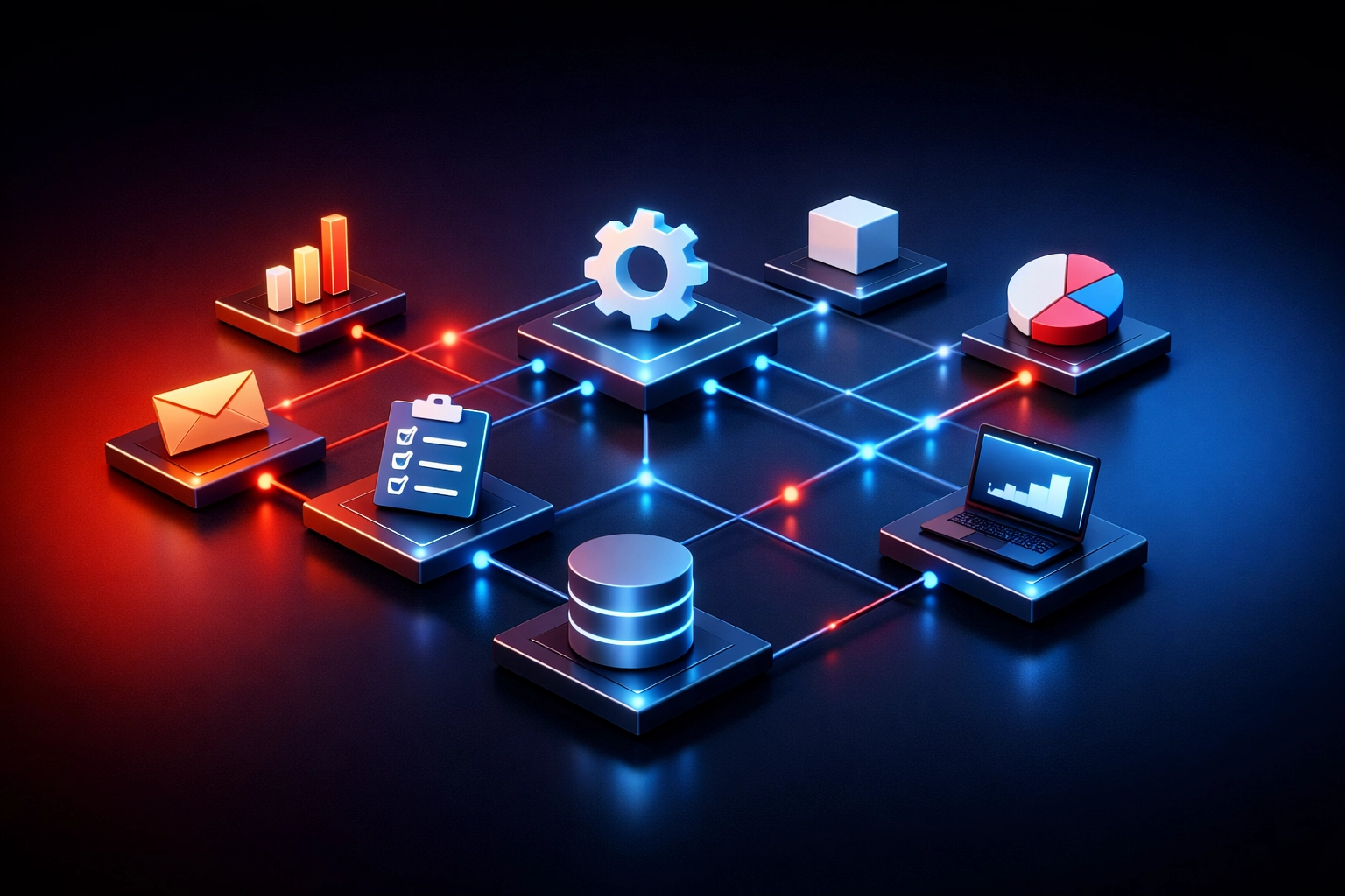Business automation workflow diagram showing interconnected tools and processes for non-technical founders