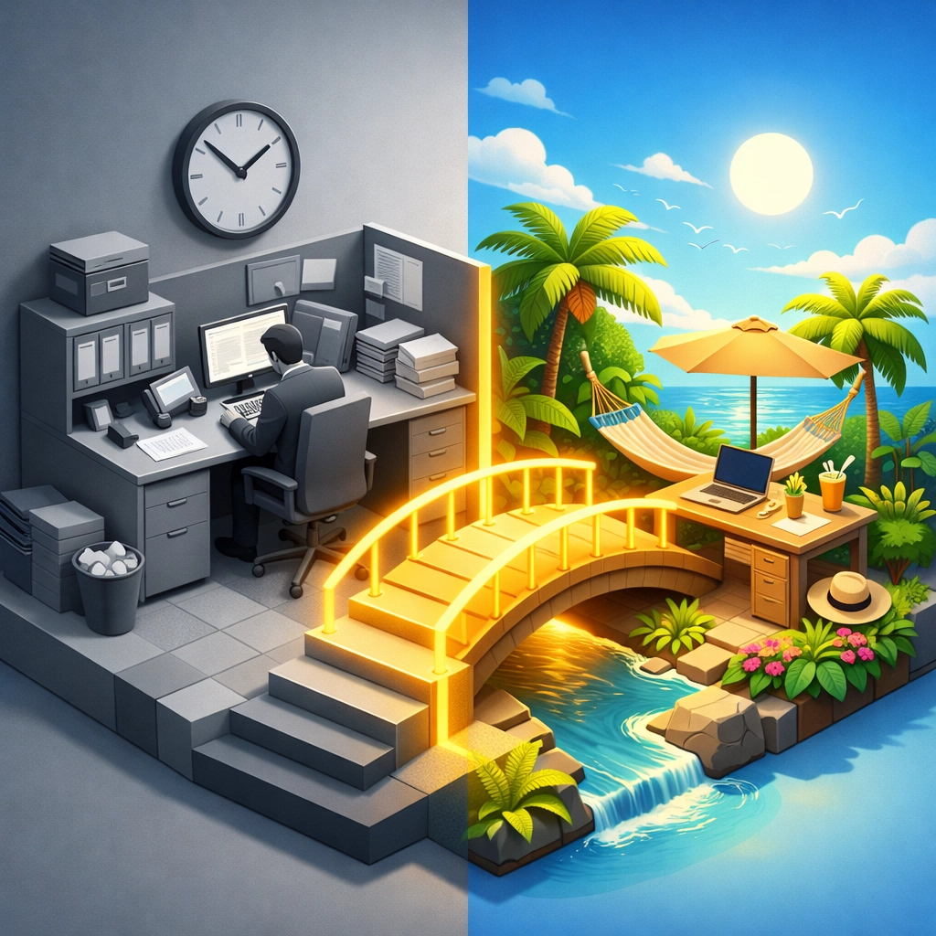 Visual transition from a traditional office cubicle to a flexible, lifestyle-first remote workspace.