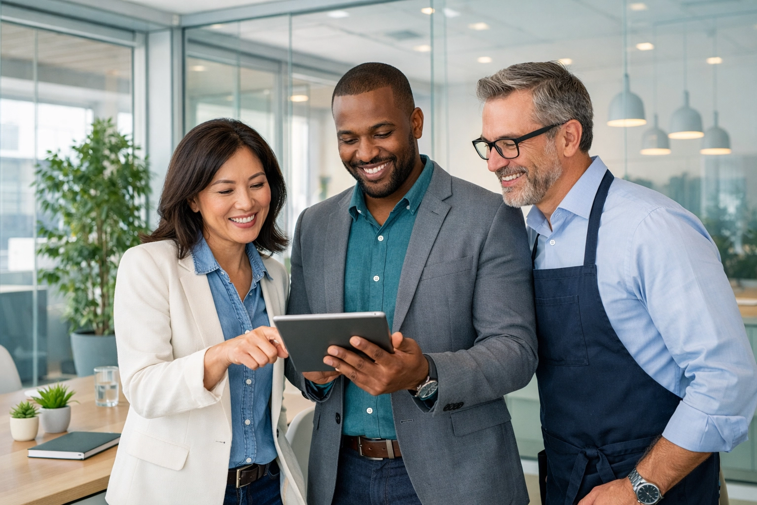 Small business owners discussing tax strategy and IRS compliance in a modern conference room.