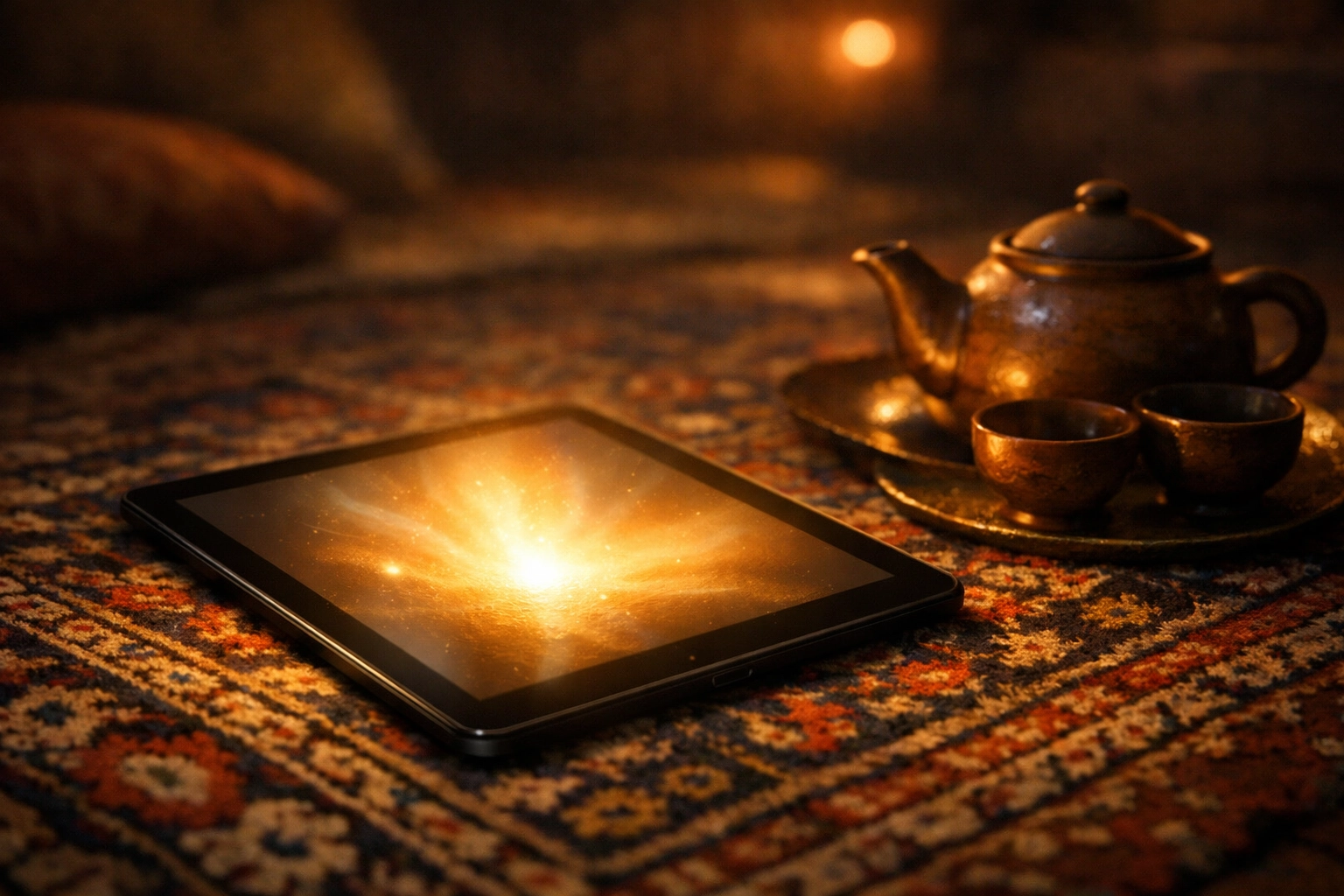 A glowing tablet on a Persian rug, representing the secret underground church in Iran.