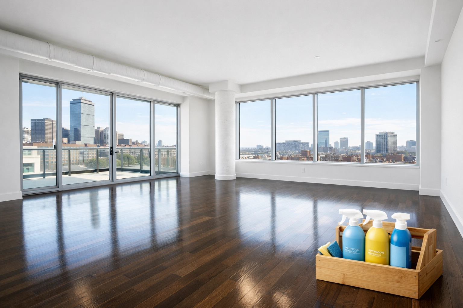 Empty Boston apartment with shiny hardwood floors and eco-friendly cleaning supplies ready for new tenants.