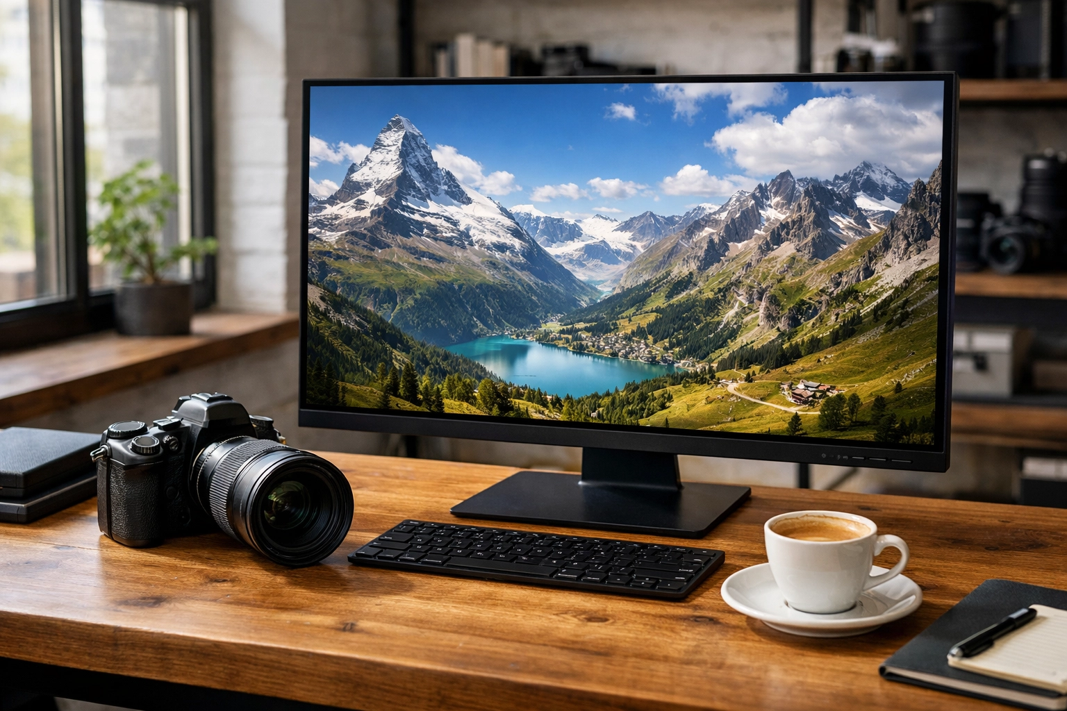 How to Shrink Your High-Res Photos in Seconds Without Losing Quality 1 Professional photographer's workspace showing high-resolution landscape images on a large monitor.