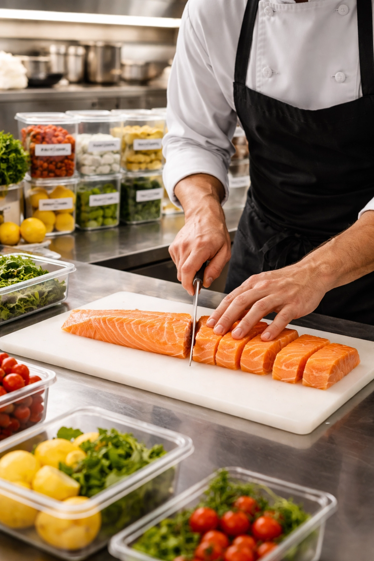 Chef precisely portioning salmon at a restaurant prep station, optimizing food waste and kitchen efficiency
