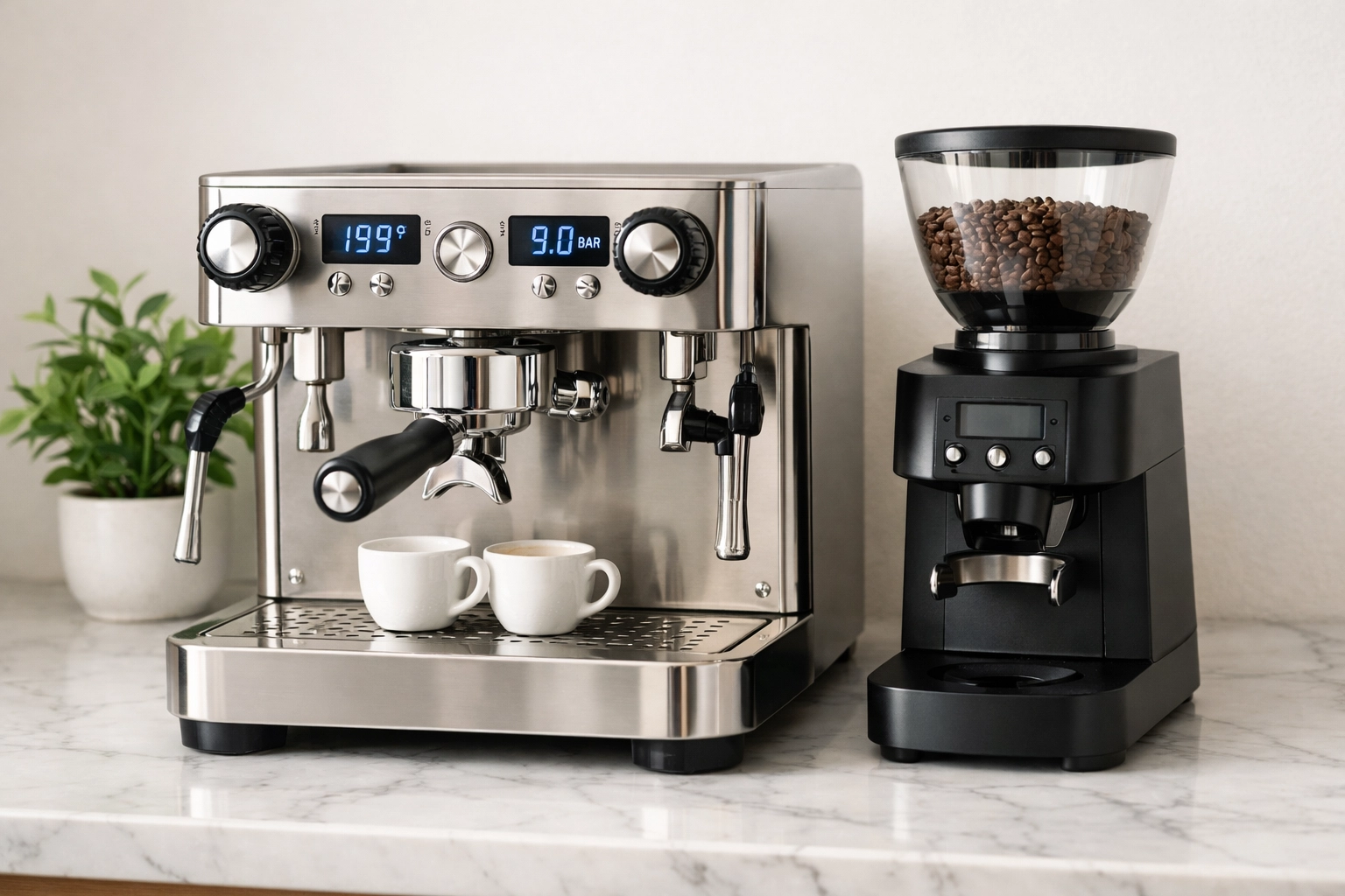 Professional stainless steel espresso machine and grinder setup for a speciality coffee business.