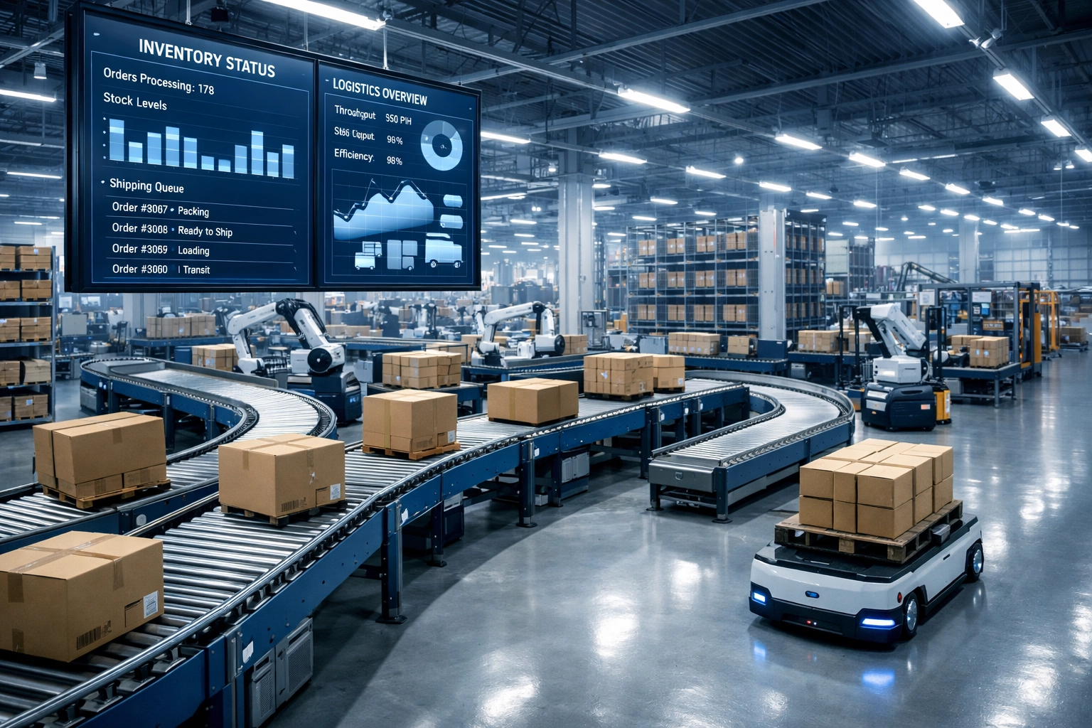 Advanced warehouse facility with automated conveyor systems and smart logistics technology
