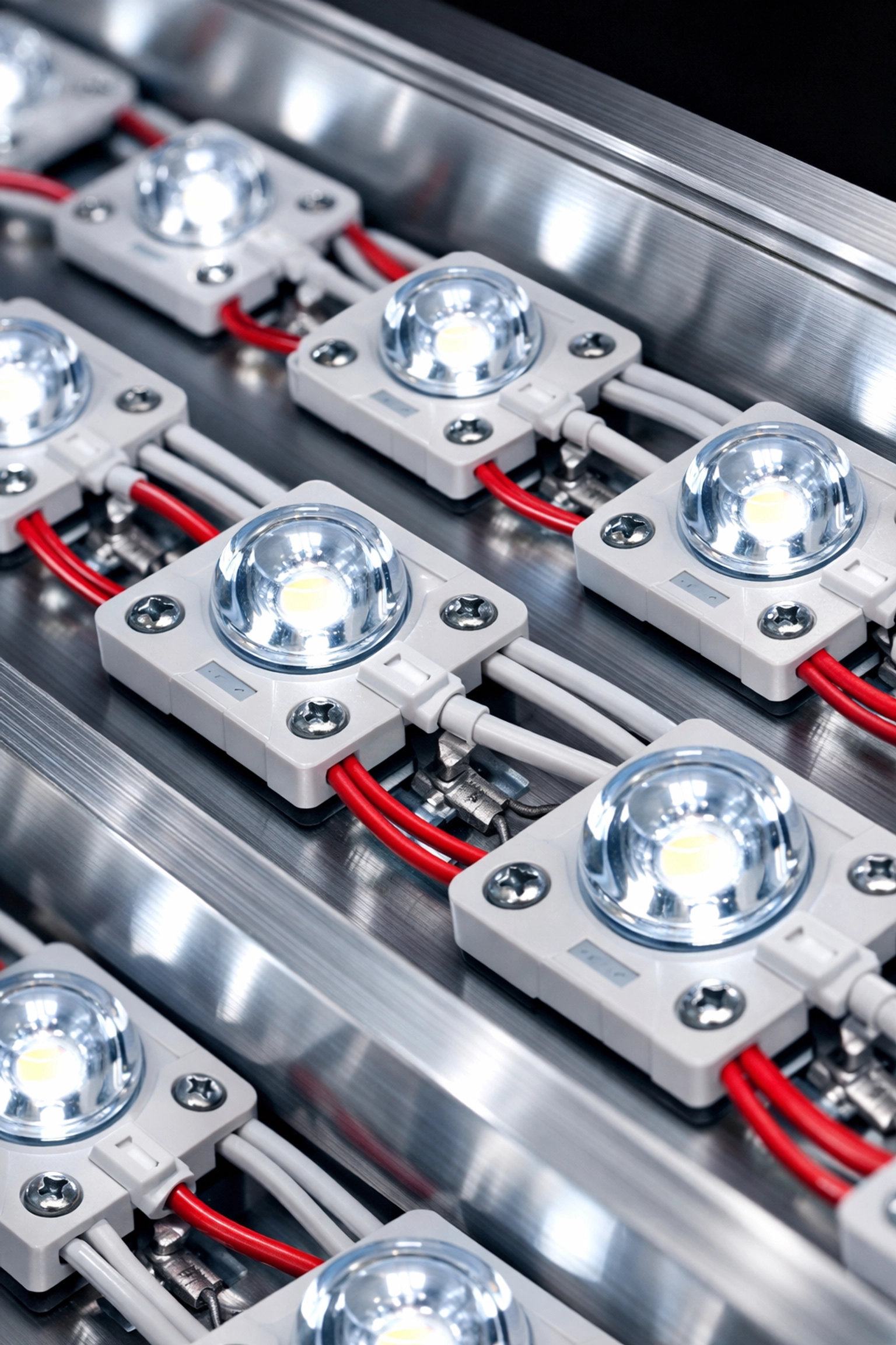 Internal view of high-efficiency LED modules used for commercial sign upgrades and retrofitting.