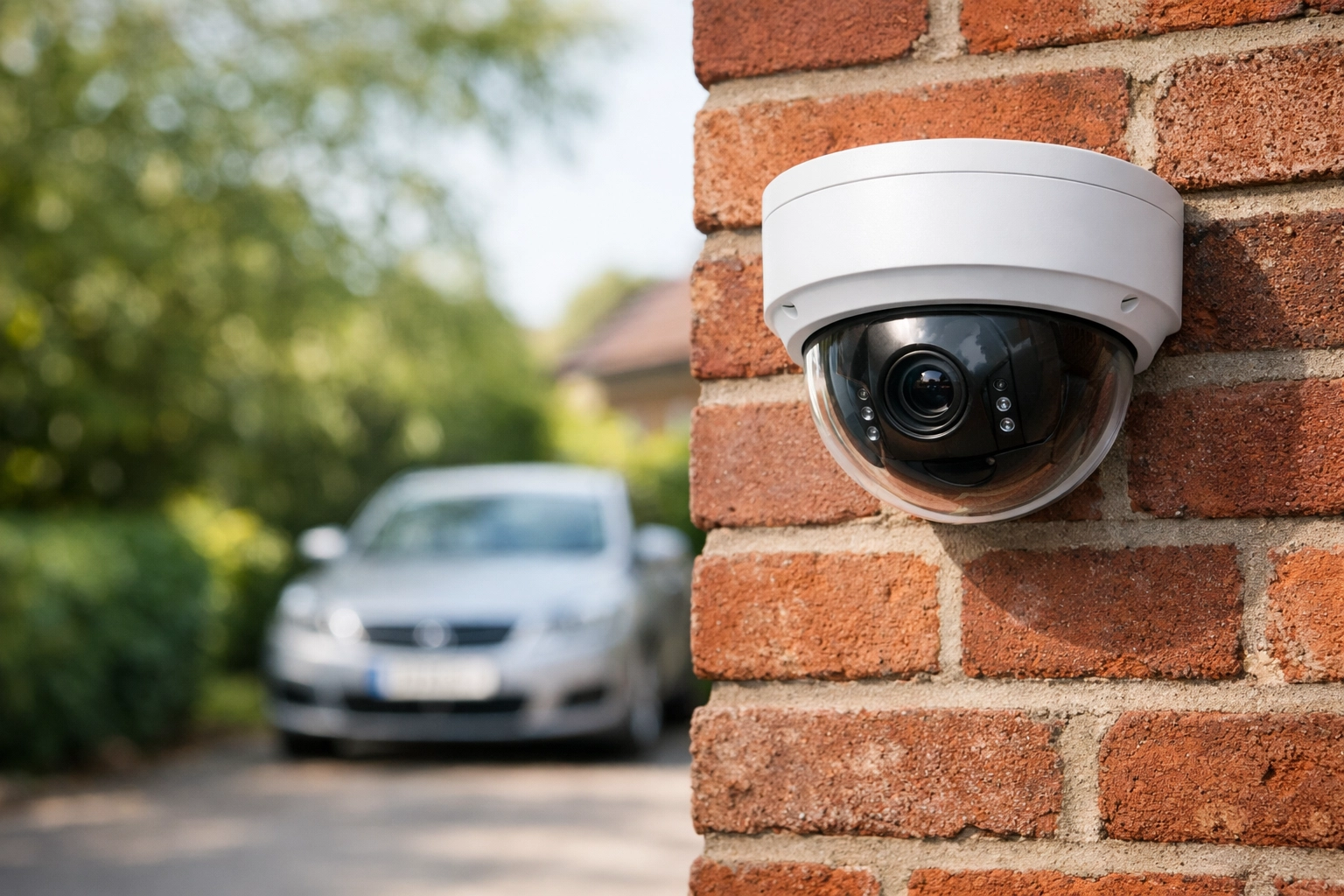 Modern dome security camera installed on a red-brick home by CCTV installers in Frampton Cotterell.