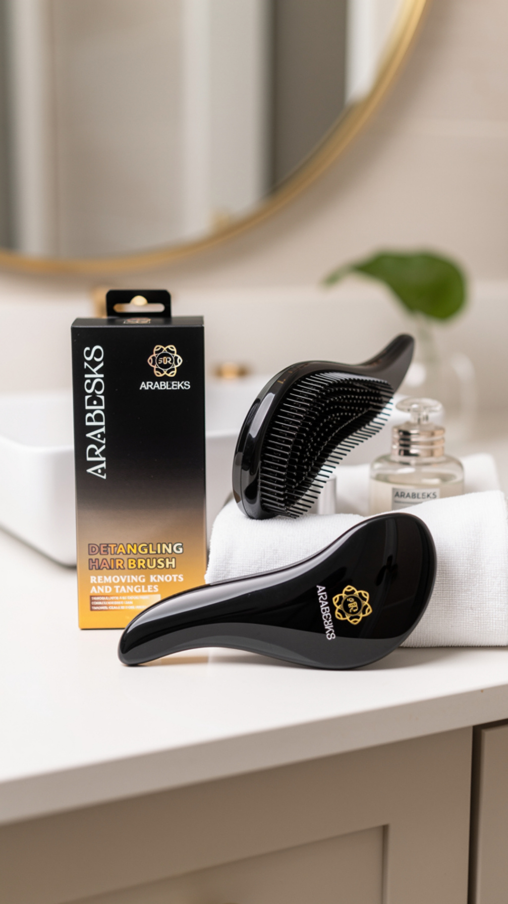 ARABESKS Detangling Hair Brush Displayed on a modern bathroom counter