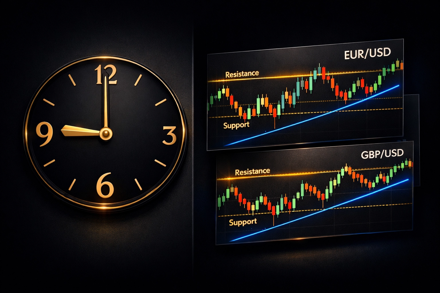 9 PM EST trading session timing with forex currency pair charts EURUSD and GBPUSD