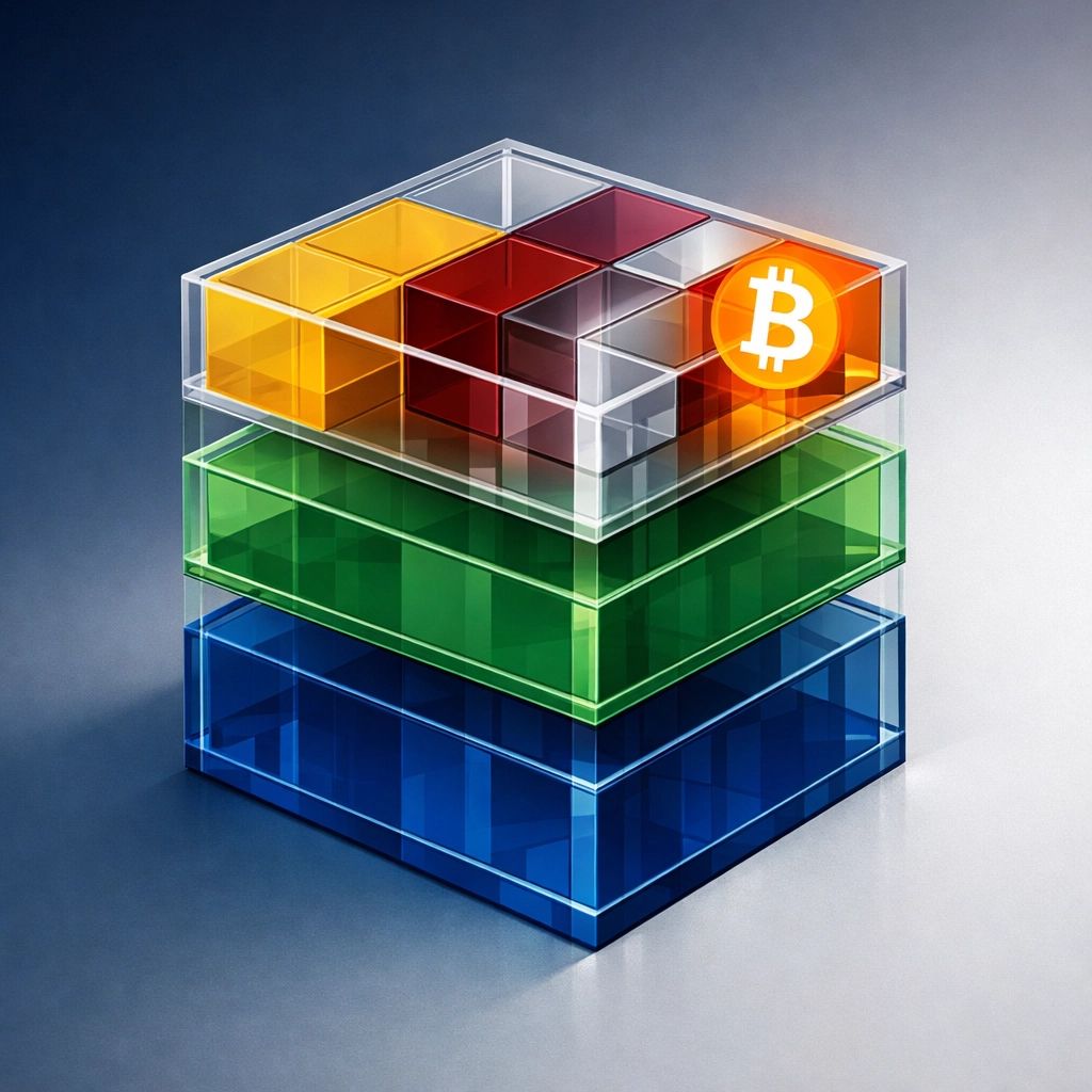 Layered portfolio structure showing equities, bonds, alternatives, and Bitcoin asset allocation