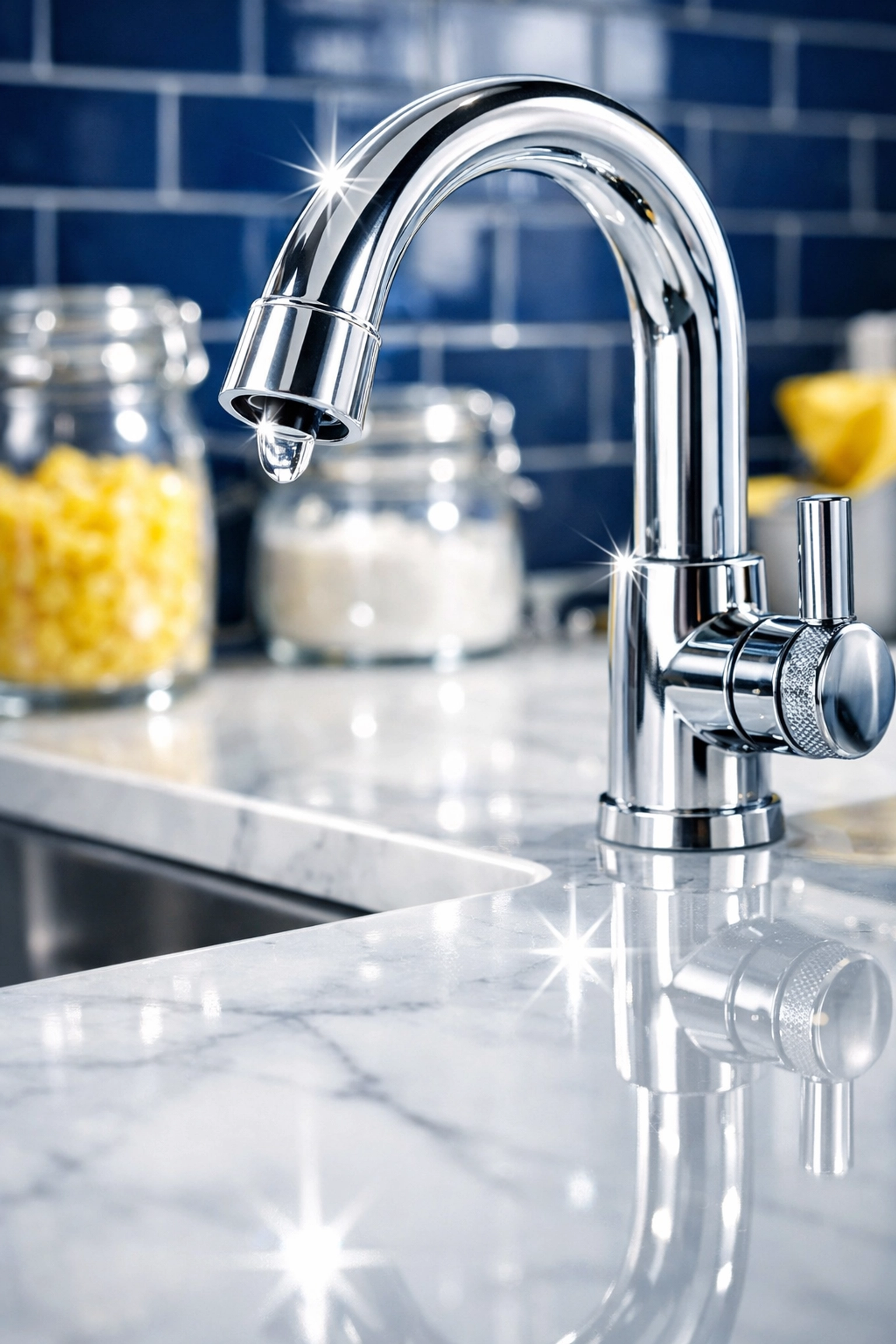 Macro shot of a sparkling clean kitchen faucet and marble countertop in a Billerica home.