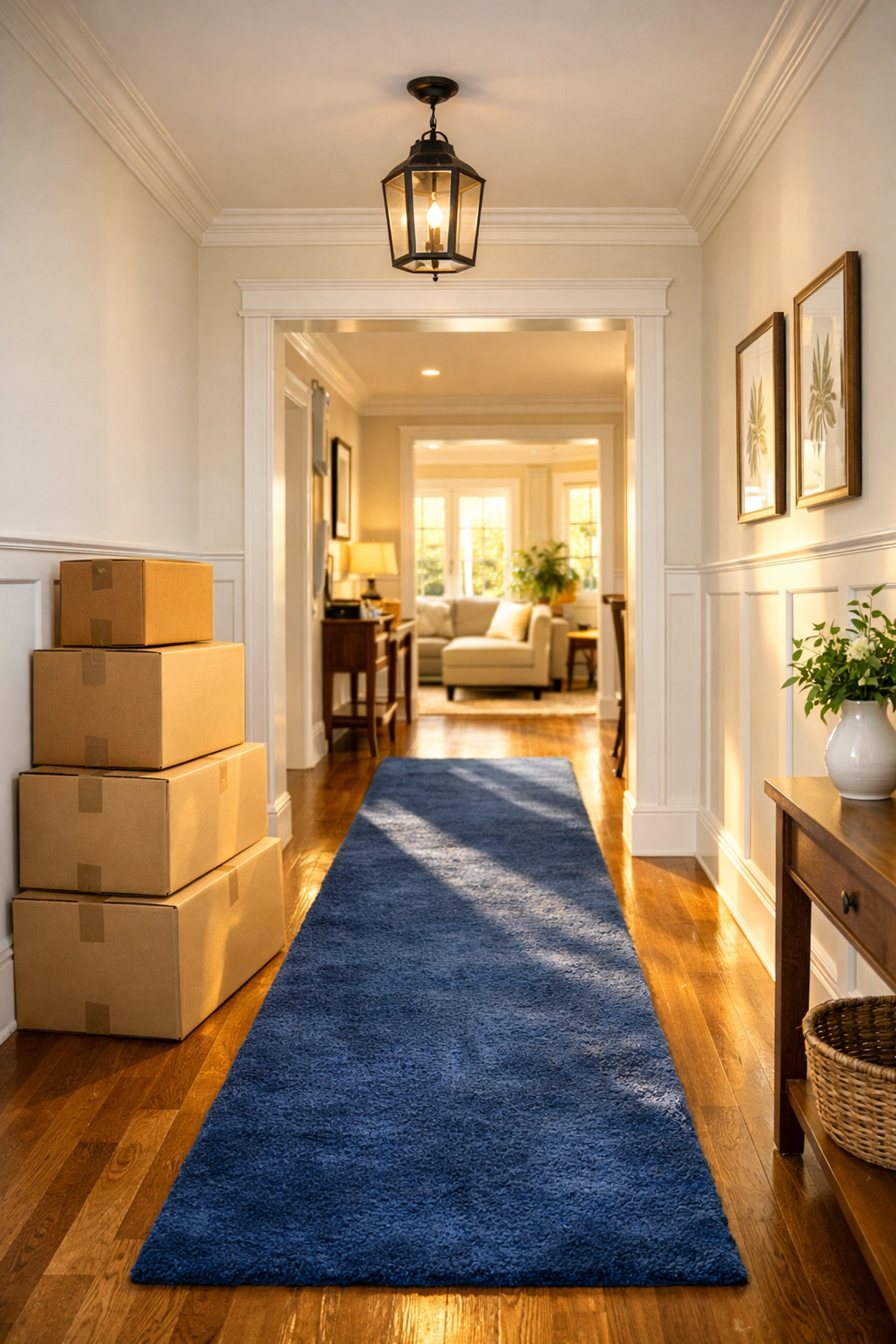 Stress-free move-in cleaning in Lowell MA featuring a sunlit hallway and organized moving boxes.