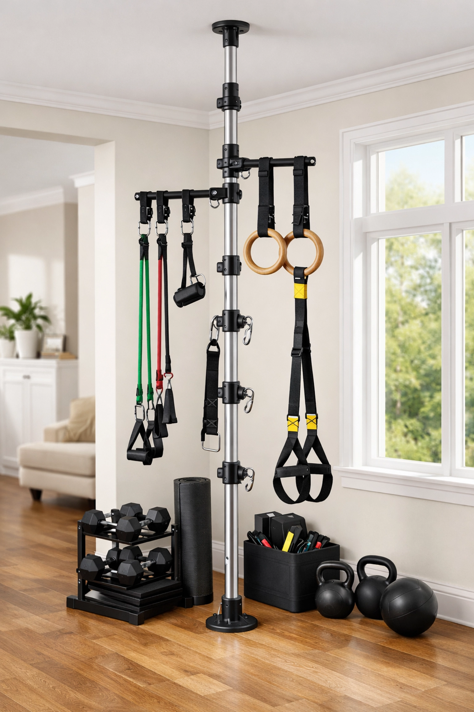Versatile floor-to-ceiling home gym with resistance bands and gymnastics rings attached