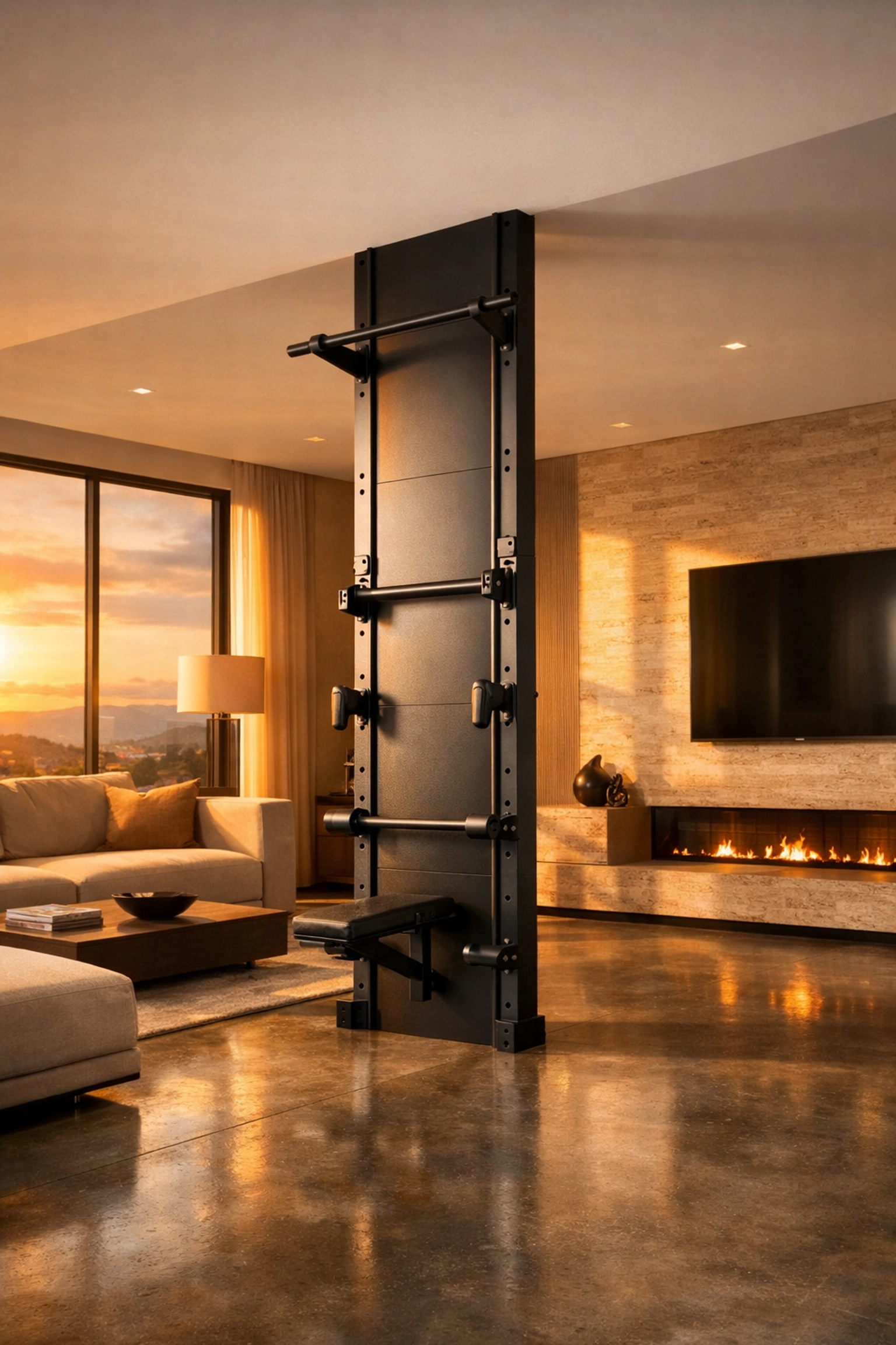 Modern living room featuring a matte black floor to ceiling workout rail without wall damage.