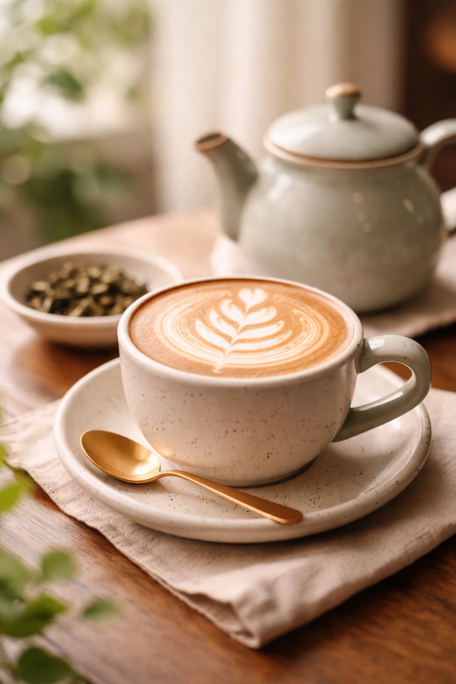 Lavazza coffee latte with foam art, whole-leaf tea, and cozy cafe ambiance at Little Dreams Cafe Felixstowe.