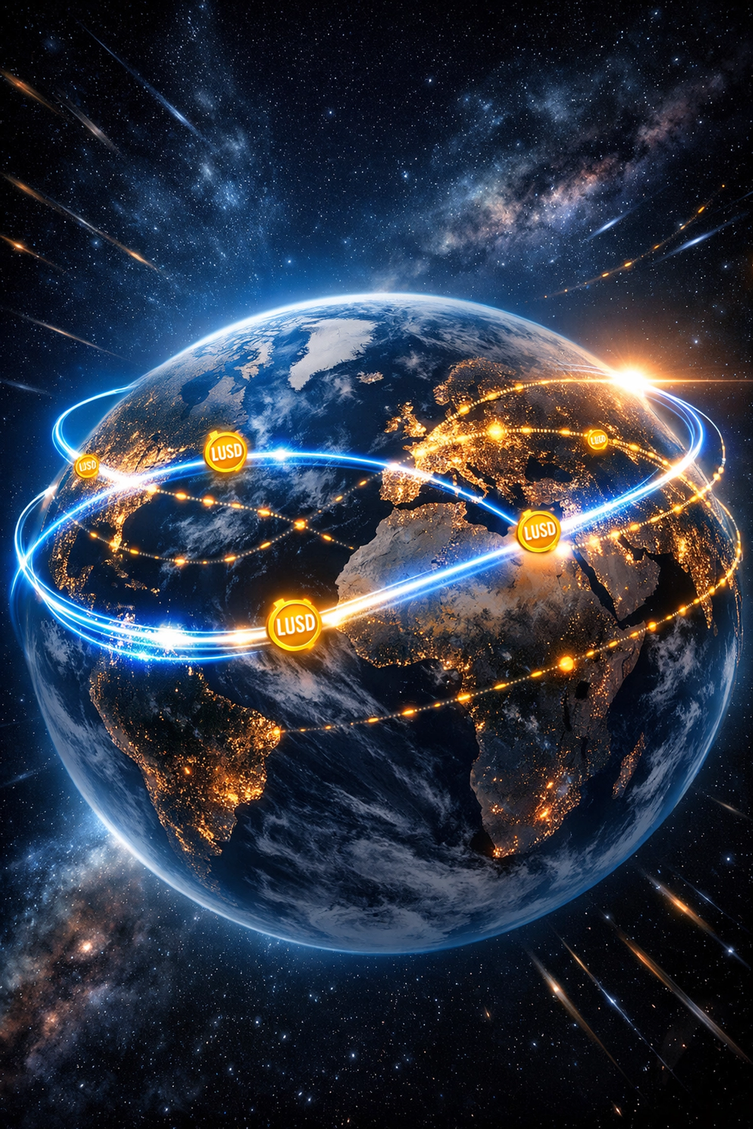 Global cross-border LUSD payments connecting continents instantly vs slow traditional banking