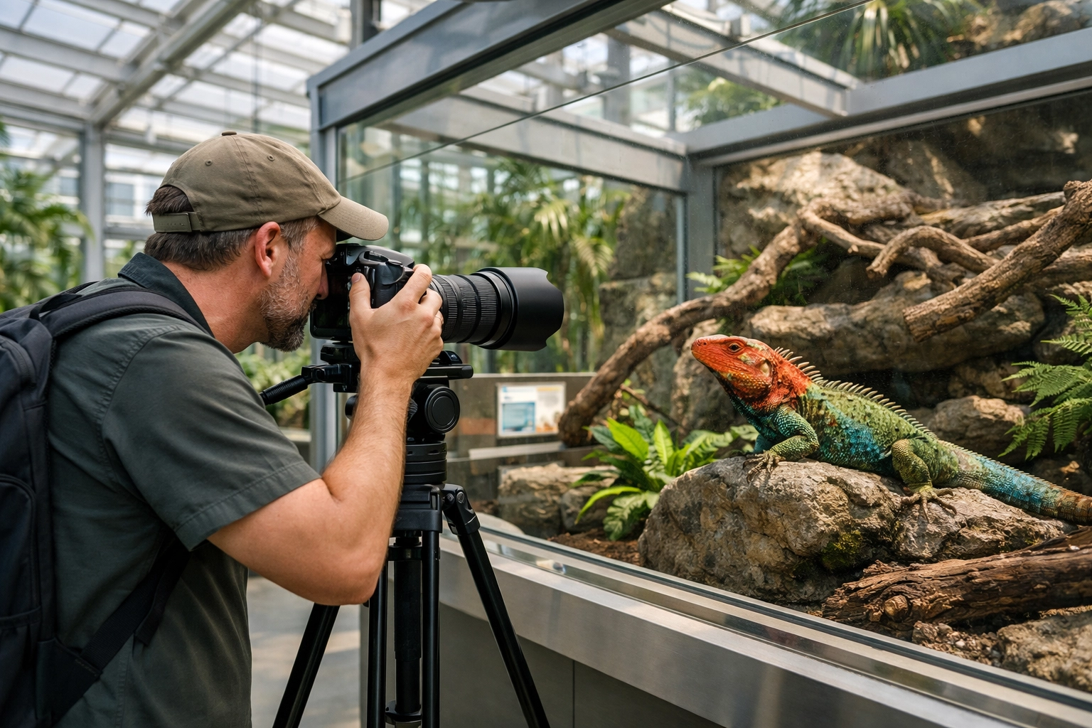 A professional photographer capturing images of a rare lizard in a modern conservatory.