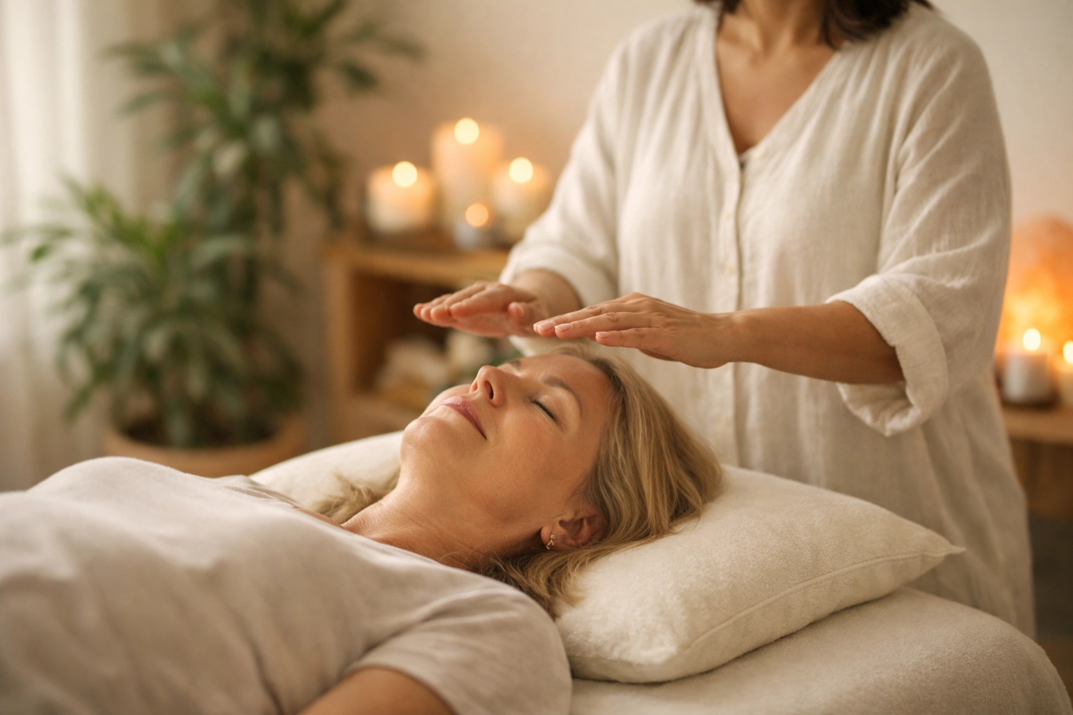 Woman receiving Reiki in a calm, sunlit healing space