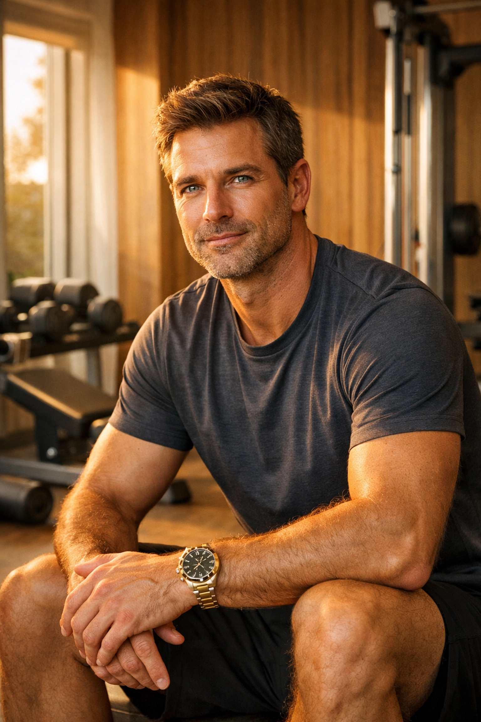 A healthy man in his 40s exercising in a gym, highlighting the physical performance improvements from TRT.