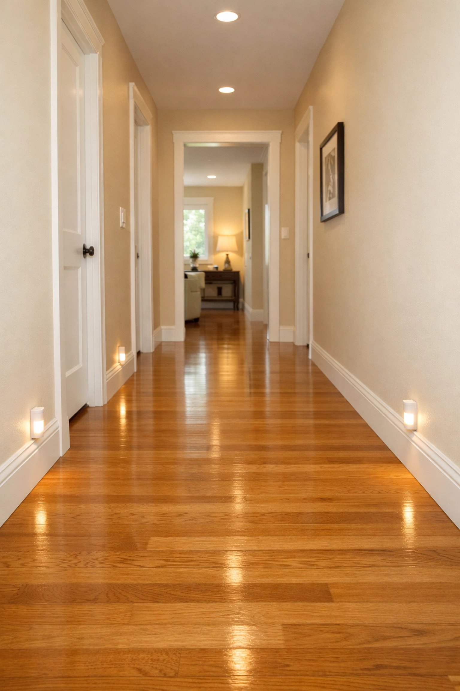 A bright, clutter-free hallway with motion-sensor nightlights to prevent falls and improve home safety.