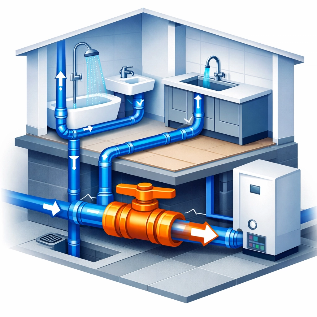 Home plumbing system showing stopcock valve location for emergency water shut-off in Farnham