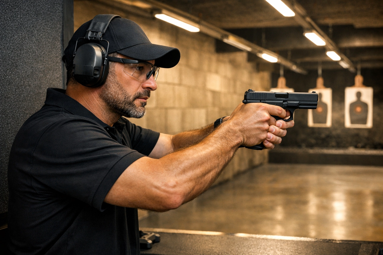 Professional shooting instructor demonstrating proper handgun grip at Medellin tactical training range