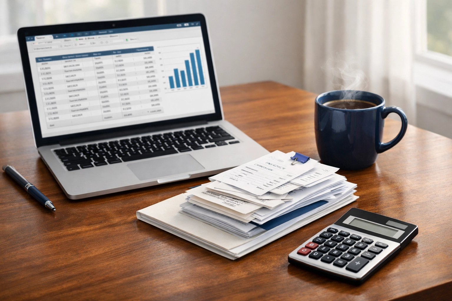 Professional bookkeeper workspace with laptop showing financial data and organized receipts