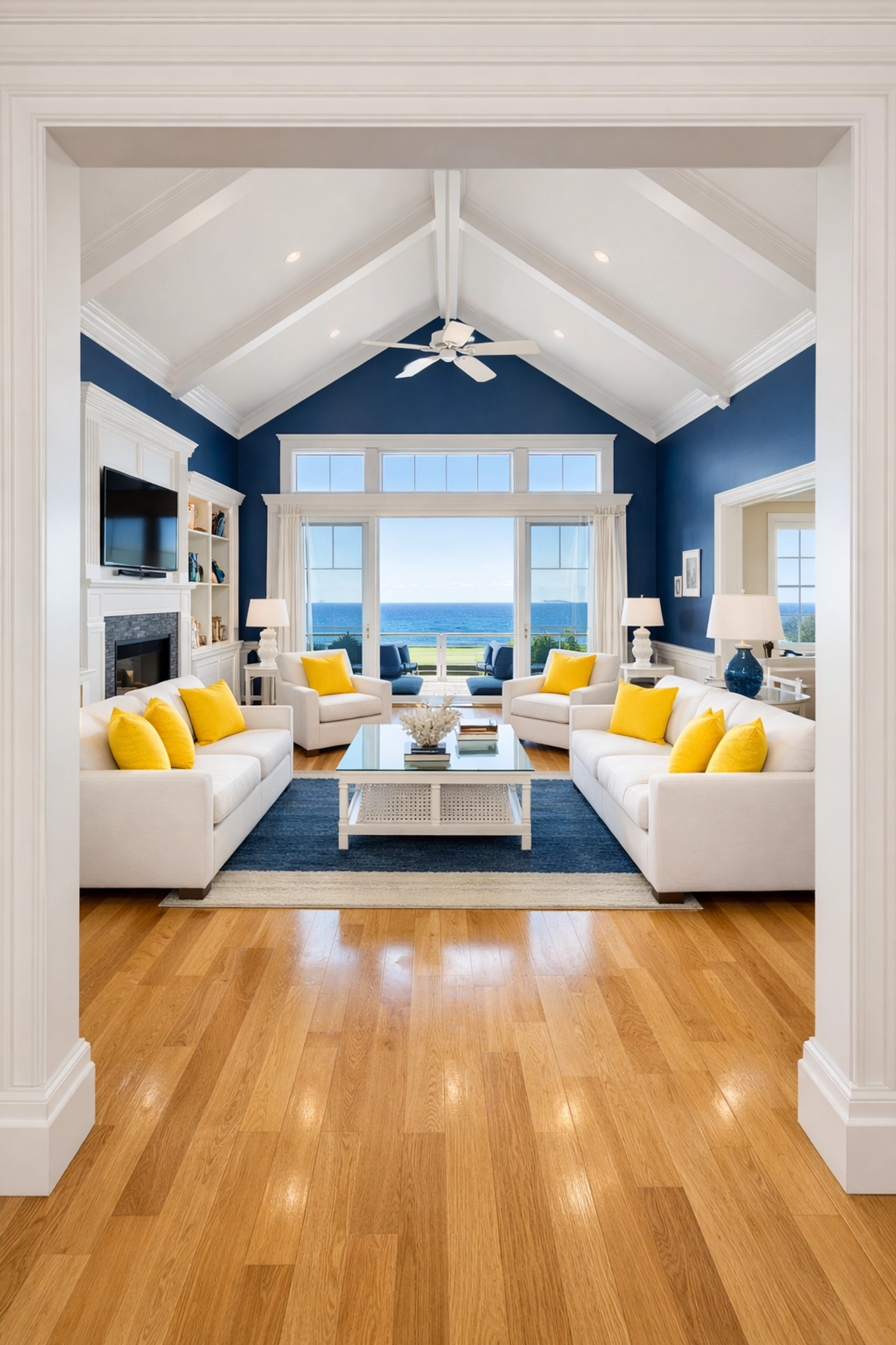 Professionally sanitized luxury living room in a New Seabury vacation rental property.