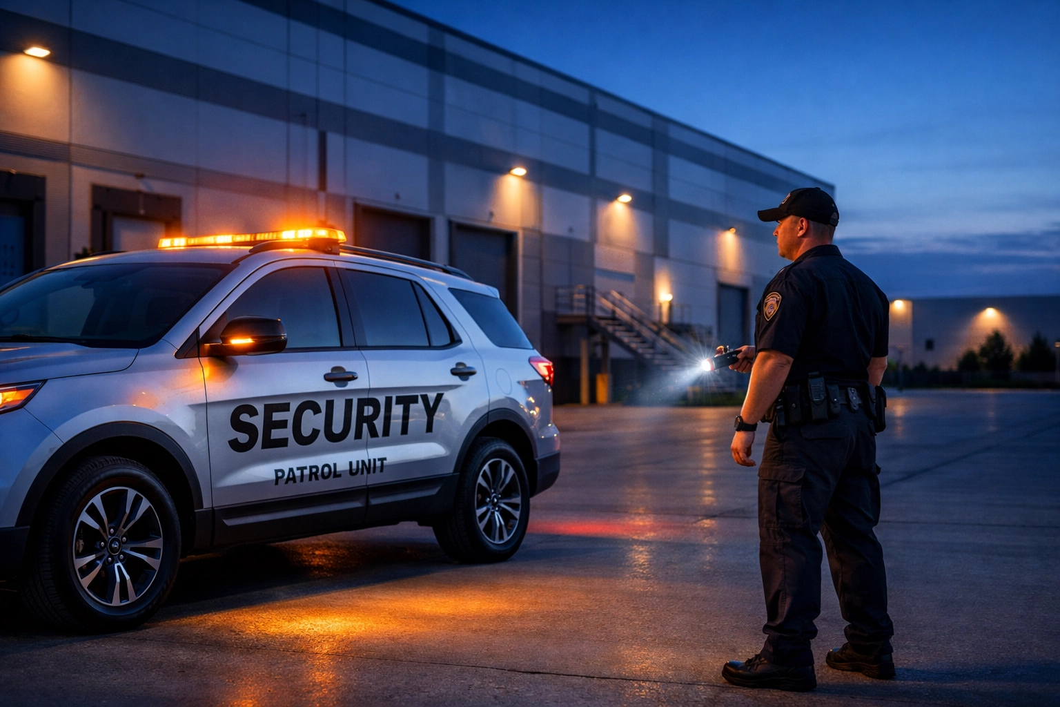 KGFM mobile security patrol vehicle and officer performing evening warehouse inspections.