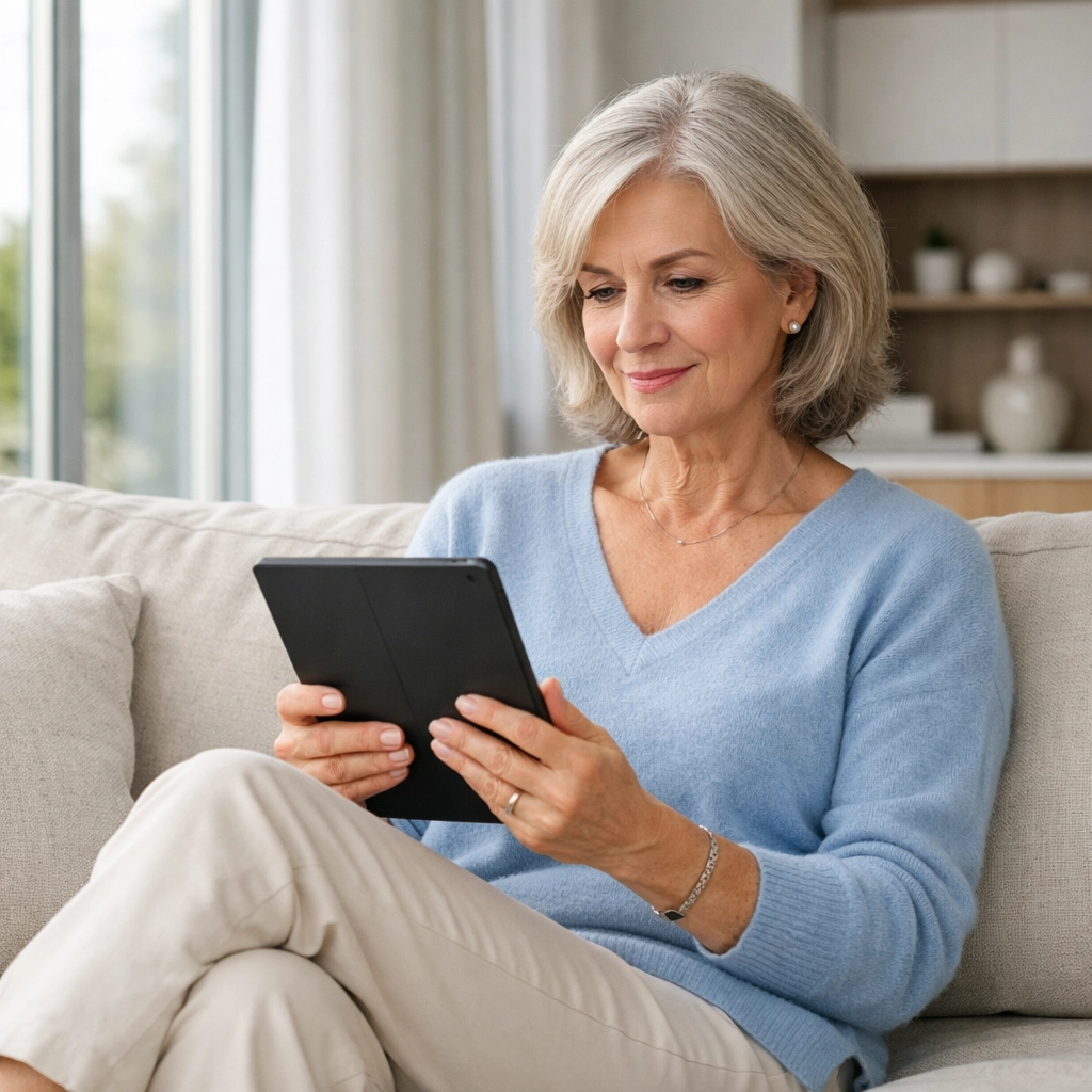 Woman researching Medicare Advantage and Medigap plan options on a tablet in her living room.