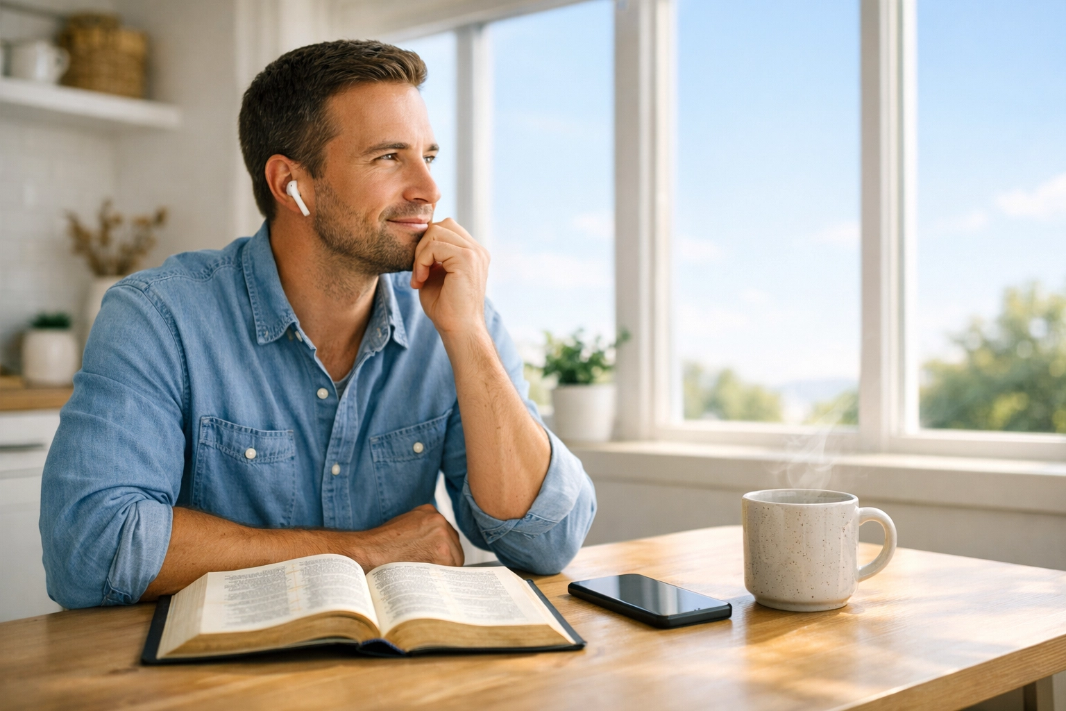 A man in a sunlit room studying his Bible while listening to a Christian podcast or digital sermon.